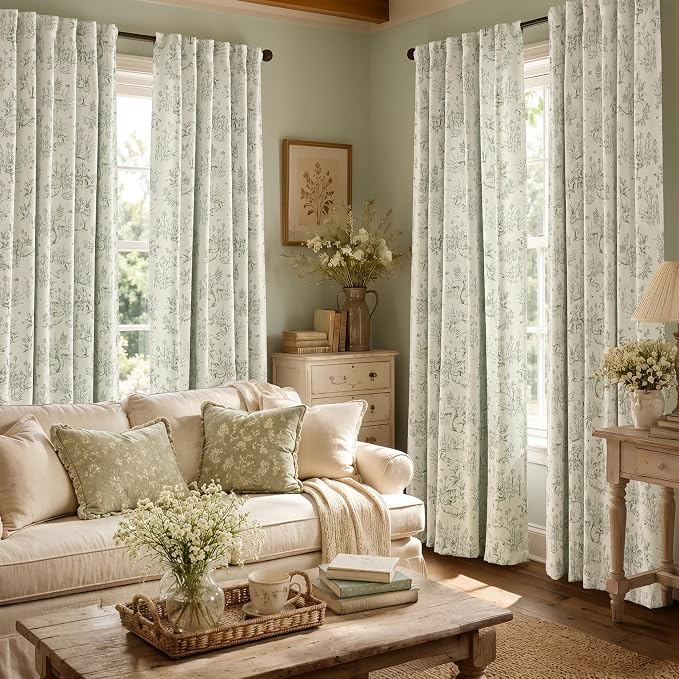 jinchan Green Floral Blackout Curtains Farmhouse 96 Inch Grommet 2 Panels | Room darkening,nursery kids bedroom,privacy,whimsical,cottagecore,bunny pattern,botanical,nature-inspired decor