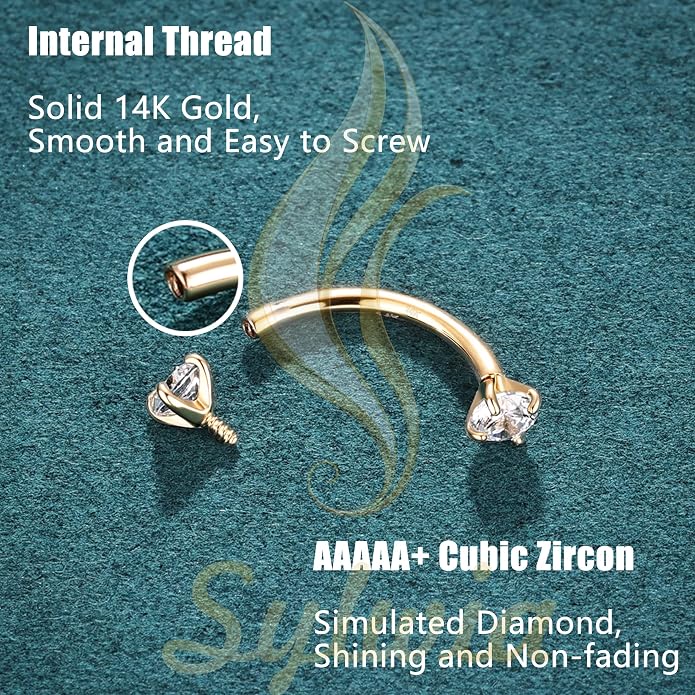 SYLWIA 14K Real Gold Eyebrow Rings, 16G Internal Thread Rook Piercing Jewelry, Diamond CZ - 3MM, Solid Gold Belly Rings Eyebrow Piercing Jewelry for Women