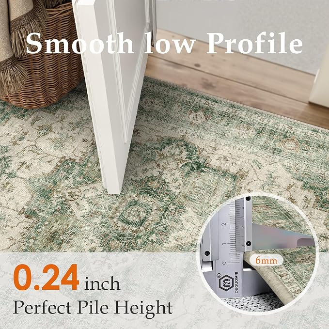 HUGEAR 2x6 Runner Rug Green Machine Washable Area Rug Room Decor Vintage Distressed Hallway Rugs Low Pile Carpet Non Slip Rugs for Kitchen Laundry Living Soft Lightweight