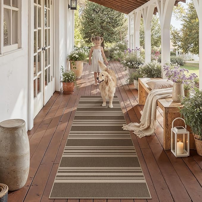 PureCozy Washable Kitchen Runner Rug 2x6 Striped Jute Look Non Slip | Brown Stripe Farmhouse Design, Indoor Outdoor Hallway Runner for Entryway, Laundry Room and Kitchen, Non Shedding, Easy Care