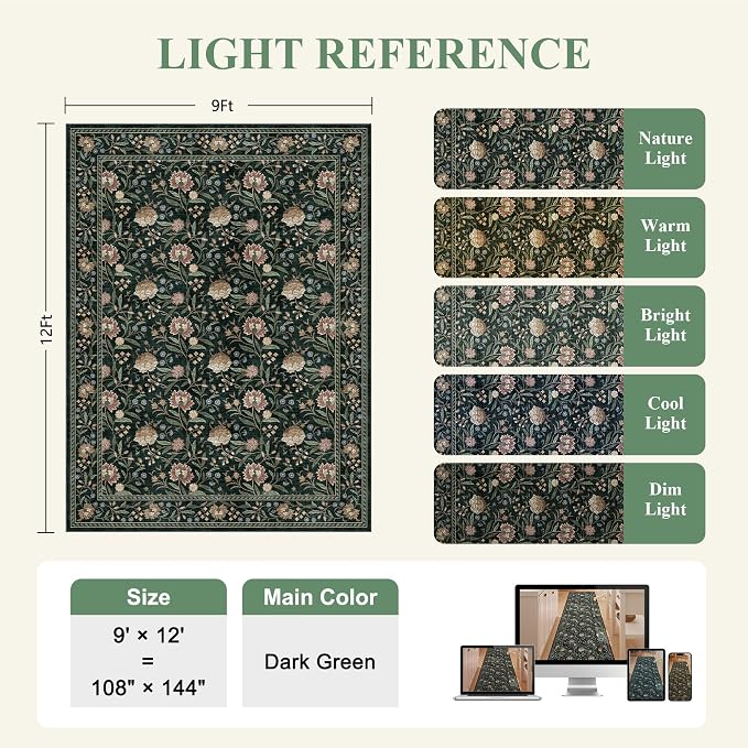 DUKINO 9x12 Area Rug for Living Room Vintage Floral Washable Rug Dark Green | Non Slip, Low Pile, Non-Shedding, Stain Resistant, Aesthetic Soft Indoor Large Carpet for Bedroom Dining Room Farmhouse