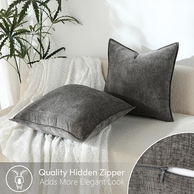Stellhome Pack of 2 Soft Textured Throw Decorative Pillow Covers Square Accent Solid Chenille Cushion Cover Cozy Farmhouse Pillow Case for Couch Sofa Bedroom Living Room 22x22 Inch, Dark Grey