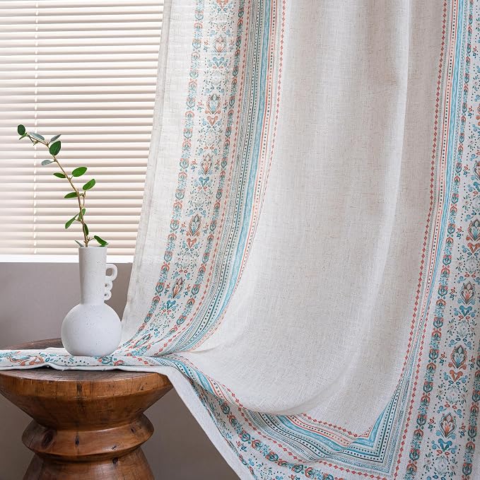 MYSKY HOME Linen Sheer Curtains 63 Inch Length for Bedroom Boho Farmhouse Curtains Decorative Window Treatment Draperies Back Tab for Kitchen/Nursery/Bathroom, 50" Wide, Teal, 2 Panels