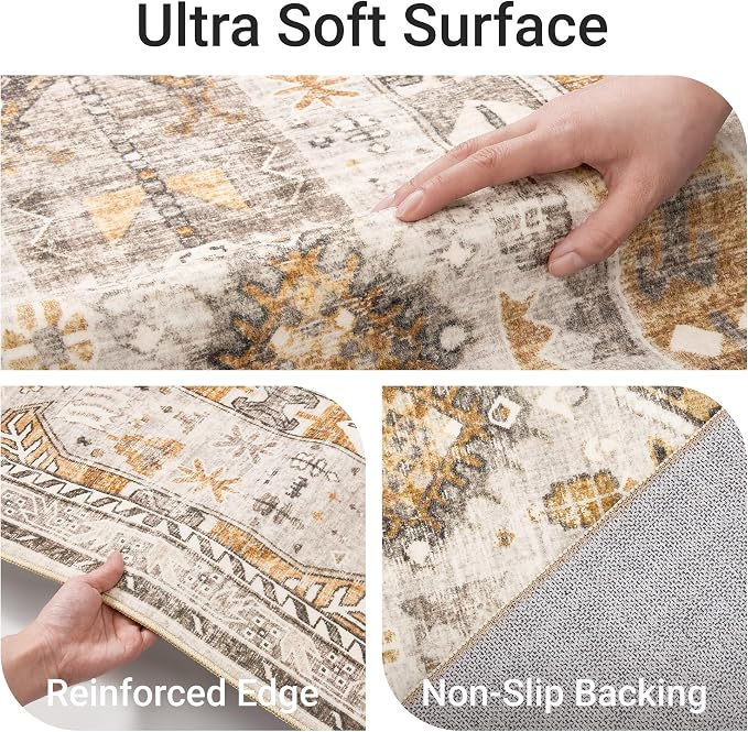 befbee 3x5 Rug, Ultra-Thin Area Rugs for Living Room,Non-Slip Lightweight Washable Rug for Bedroom,Kitchen,Entryway,Stain Resistant Small Carpet (Brown/Gold, 3'x5')