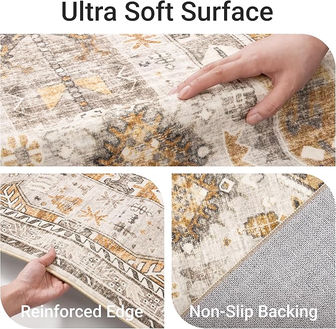 befbee 6x9 Area Rugs for Living Room - Stain Resistant Machine Washable Rugs for Bedroom,Non-Slip Backing Large Area Rug (Brown/Gold, 6'x9')