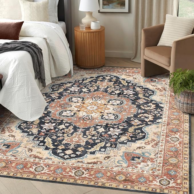 LUXRUG 6x9 Area Rug for Living Room - Terracotta Black Washable Rugs for Bedroom Non-Slip Oriental Farmhouse Soft Bedroom Rug Stain Resistant Dining Room Rugs for Under Table Southwestern Home Decor