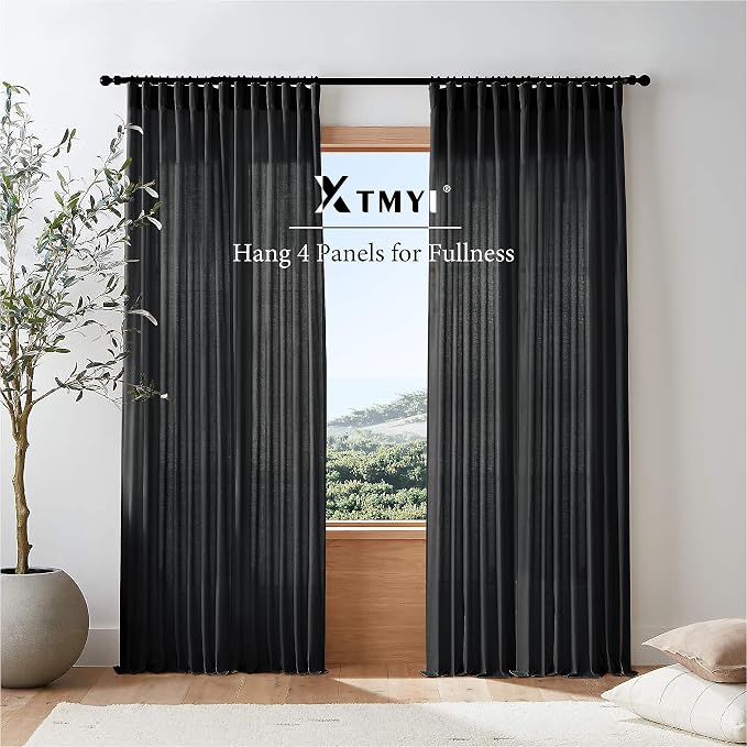 XTMYI Black Curtains 108 Inches Long for Sliding Glass Door 2 Panels Set Linen Hooks Ceiling Track Pleat Semi Sheer Backdrop Curtains 9 Ft Length
