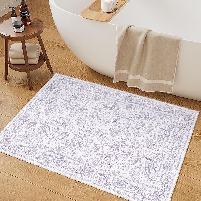 DUKINO 2x3 Rug, Washable Vintage Floral Bathroom Rugs Non Slip, Purple | Low Pile, Stain Resistant Boho Soft Indoor Door Mat, Small Front Door Carpet for Entryway Kitchen Laundry Bedroom Farmhouse