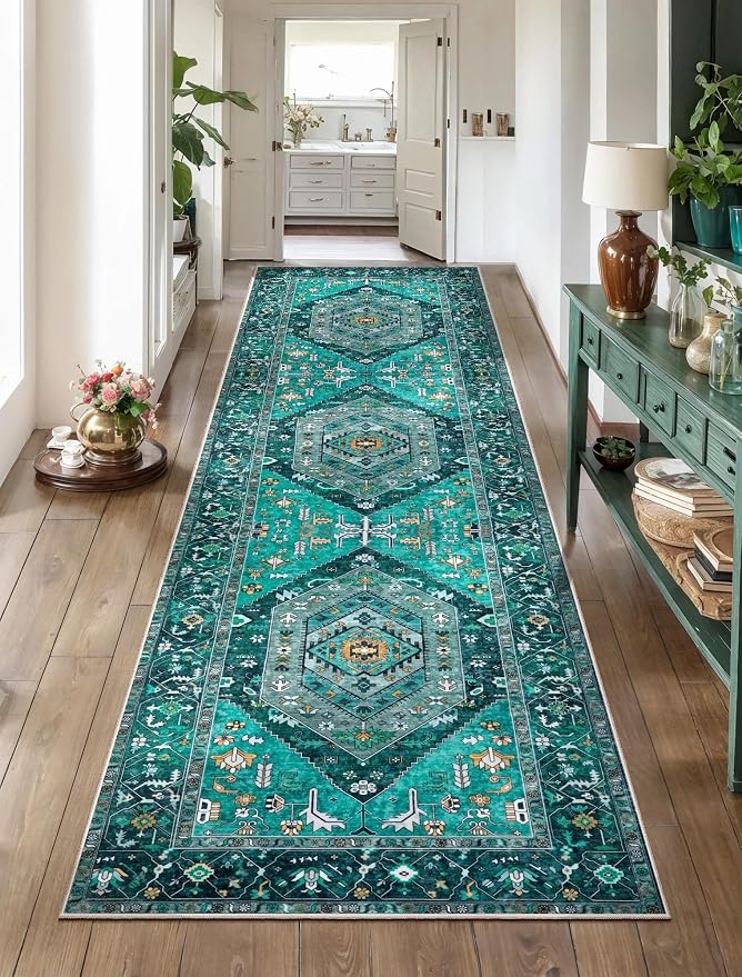 SERISSA Boho Washable Runner Rug, 2'6"x8' Rug Runner Non-Slip Vintage Teal Hallway Kitchen Runner Rug Ultra Soft Print Distressed Tribal Floor Carpet Runner for Bedroom Bathroom Laundry Room