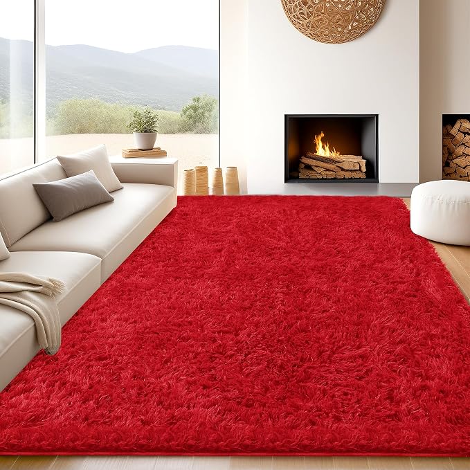 8x10 Red Fluffy Shag Area Rugs for Living Room Bedroom Girls Kids | Ultra Soft Comfy, Large Fuzzy Shaggy Plush Carpet for Nursery, Modern Indoor Home Decor, Upgrade Non-Slip