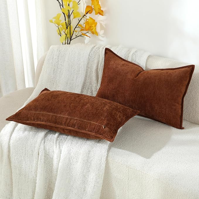 Stellhome Set of 2 Fall Decorative Pillow Covers Super Soft Textured Lumbar Chenille Throw Pillow Covers Accent Solid Cushion Cover for Couch Sofa Bedroom Living Room 12x20 Inch, Mocha Brown
