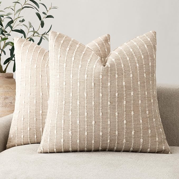 Foindtower Pack of 2 Decorative Jacquard Boucle Throw Pillow Covers Accent Textured Striped Pillowcases Cozy Modern Cushion for Couch Sofa Bedroom Living Room Home Decor 18x18 Inch Natural Beige