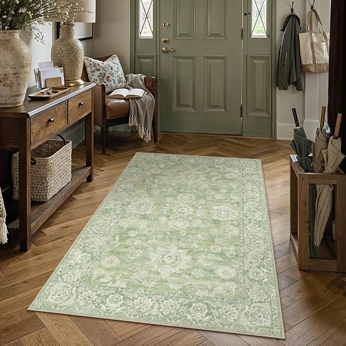 4x6 Green Washable Area Rug for Living Room Bedroom Neutral Floral Soft Non Slip Rug Low Pile Distressed Carpet for Dining Room Nursery Office Indoor