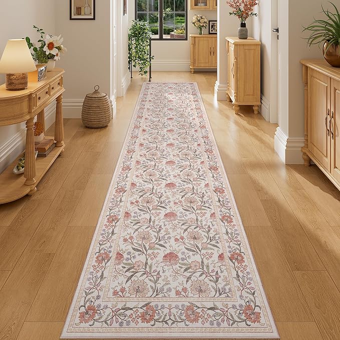 DUKINO 2x10 Runner Rug for Hallway, Washable Vintage Floral Rug, Beige Pink | Non Slip, Low Pile, Non-Shedding, Stain Resistant Soft Long Runner Carpet for Kitchen Bathroom Entryway Bedroom Farmhouse