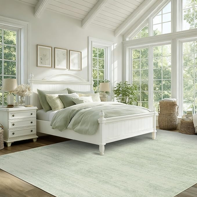 BILEEHOME Light Green Area Rugs for Nursery Boho Washable Low Pile Rug 6x9 | Sage and Ivory Cream, for Bedroom Baby Girl Boy, Livingroom, Neutral Farmhouse Style, with Non Slip, Rubber Backing Foldable
