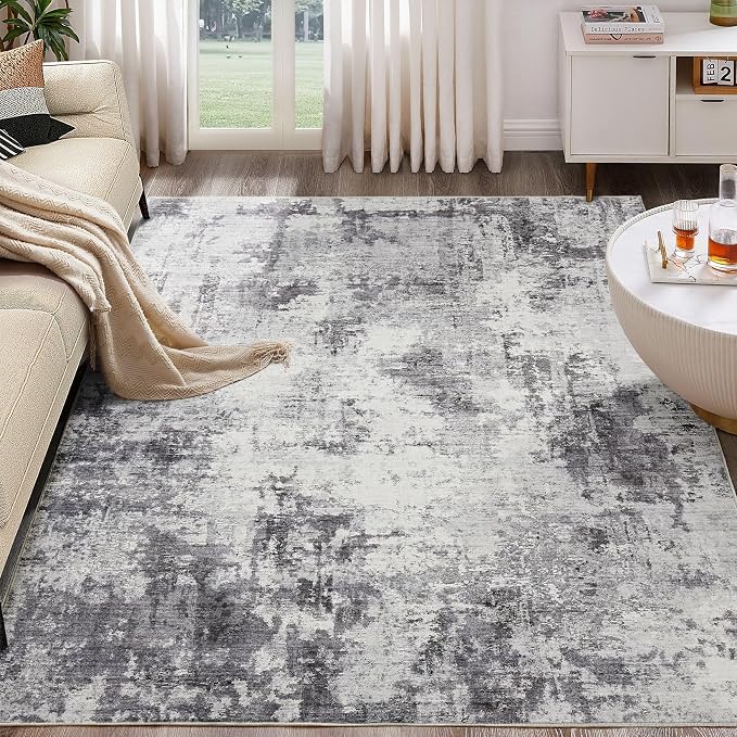 Abstract 10x12 Area Rug: Machine Washable Non Slip Ultra Thin Low-Pile Carpet, Soft Stain Resistant for Living Dining Room Bedroom, Kid Pet Friendly, Robot Vacuum Compatible - Grey