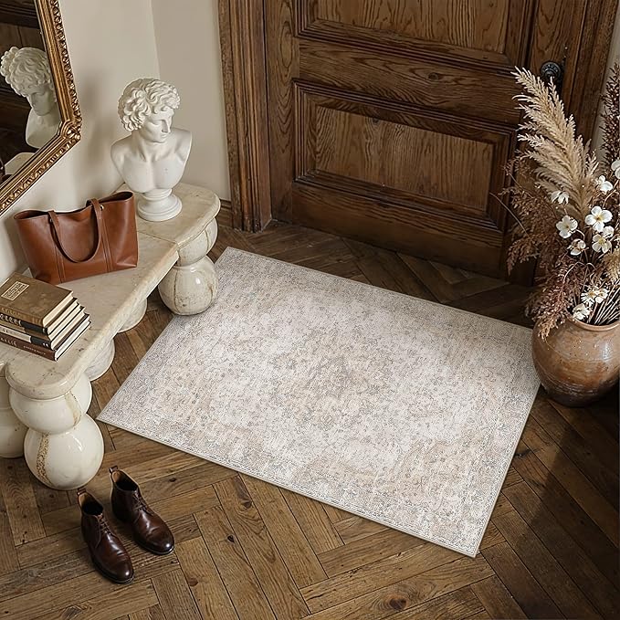 HUGEAR Beige Area Rugs 2x3 Washable Rug Indoor Carpet | Entryway Rug,Vintage Rug,Hallway,Kitchen,Bedroom,Laundry,Non Shedding,Non Slip,Low Pile,Soft