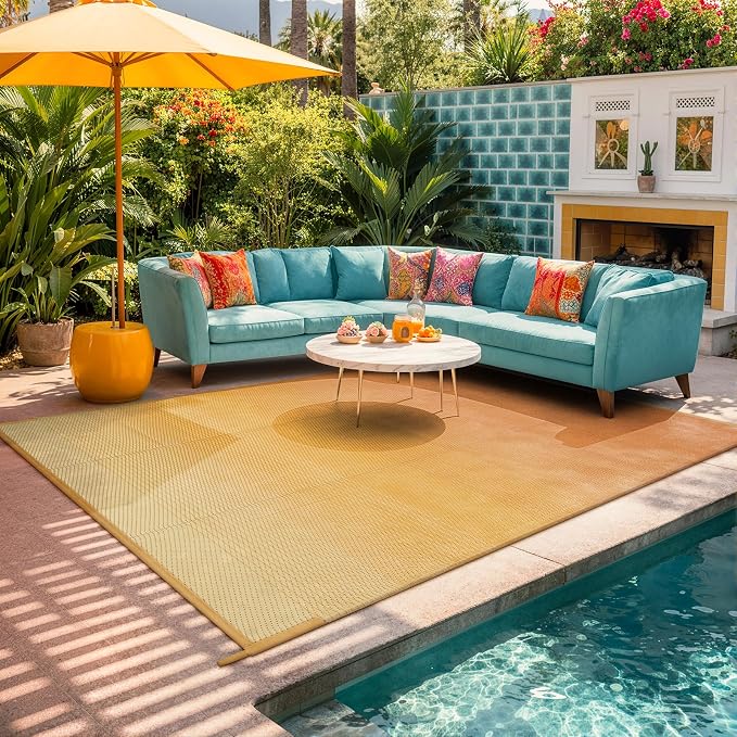 Lahome Outdoor Rug 9x12 Patio Waterproof, Reversible Plastic Straw Camping Rv Rugs for Outside Under Awning, Portable Lightweight Carpet for Porch Backyard, Orange Yellow 9'x12'