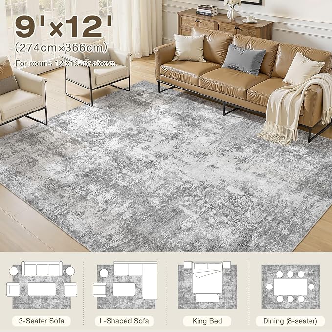 Area Rugs 9x12 Living Room, Washable Non Slip Bedroom Large Rug | Neutral Modern Abstract Carpet, Stain Resistant and Soft Low Pile, Made for Dining Room, Nursery, Home Office - Gray