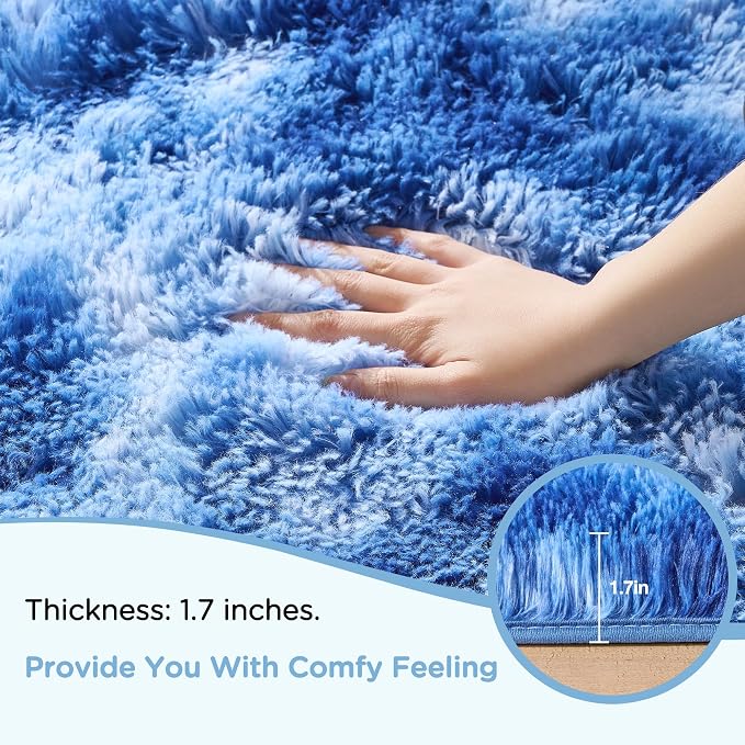 8x10 Tie-Dyed Blue Fluffy Shag Area Rugs for Living Room Bedroom | Ultra Soft Comfy, Large Fuzzy Shaggy Plush Carpet for Nursery Boys Kids Girls, Modern Indoor Home Decor, Upgrade Non-Slip