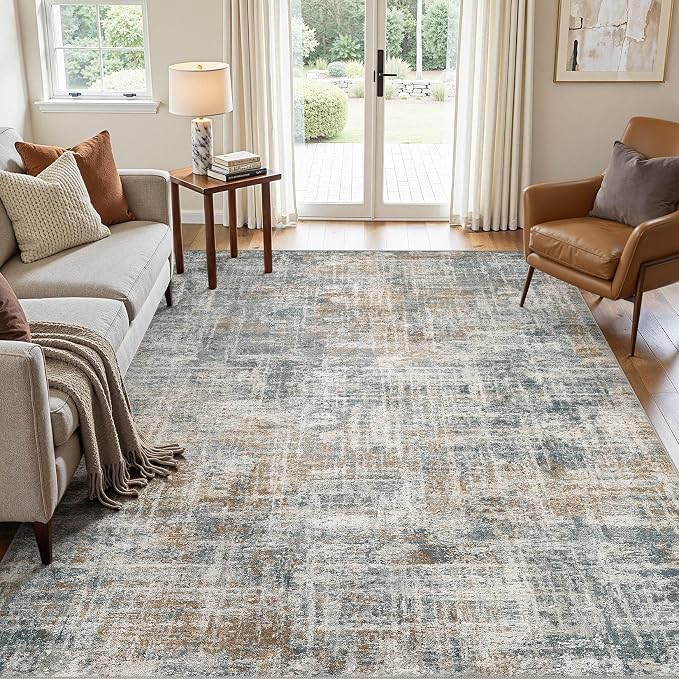 cotiled Washable 5x7 Area Rug for Living Room - Modern Abstract Carpet with Non-Slip Backing, Low Pile & Soft, Stain Resistant, Kid & Pet Friendly Decor for Bedroom & Dining Room - Blue Brown
