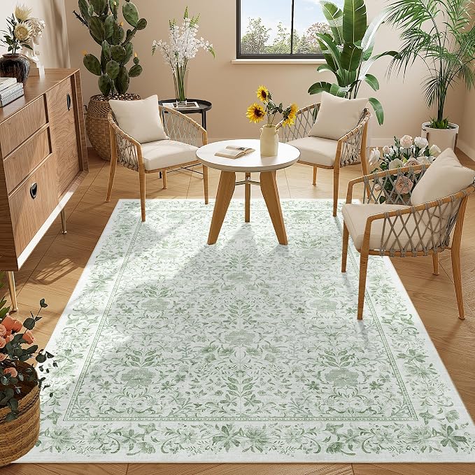 DUKINO 3x5 Rug Washable Vintage Floral Bedroom Area Rug Non Slip Sage Green | Low Pile, Non-Shedding, Aesthetic Lightweight Soft Indoor Small Carpet for Bathroom Entryway Living Room Office Farmhouse