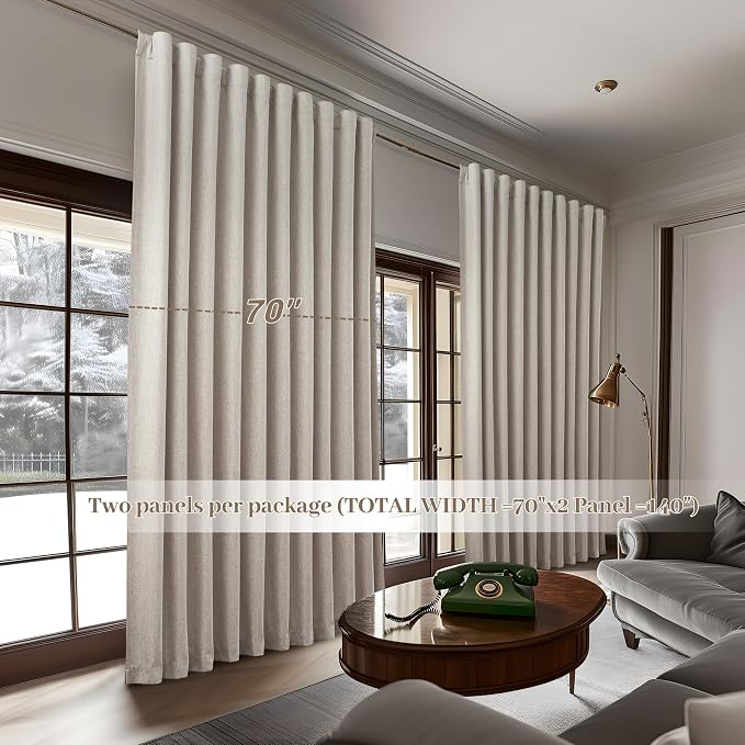 Curtains 70 Inch Length Wide Pleated Blackout Curtain for Sliding Glass Door, Farmhouse Natural Linen Thick Thermal for Summer Heat/Sound Noise Reducing Heavy Large Window Drapes (70"Wx102"Lx2Panels)