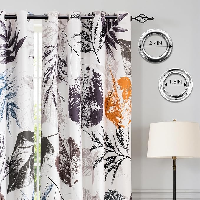 SUBRTEX Boho Leaf Printed Curtains 95 inch Long 2 Panels, Room Darkening Vibrant Floral Drapes, 50% Blackout Light Flitering Curtains, Semi Sheer Farmhouse Curtains for Living Room, 52Wx95L, Gray Leaf