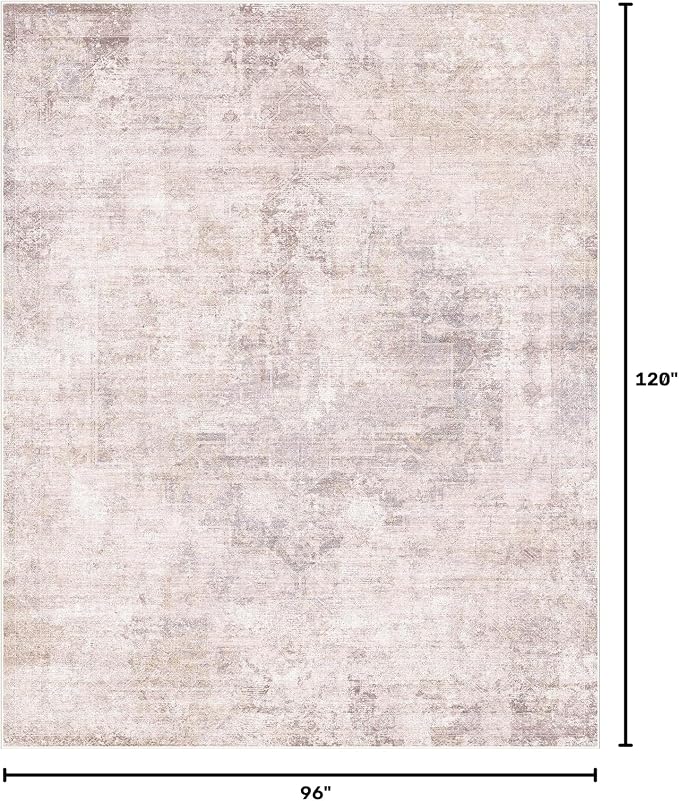 Pink and Grey Living Room Rug 8x10 - Modern Distressed Medallion Area Rug for Dining Room Under Table, Bedroom, Washable Non Slip High Traffic Low Pile Thin Floor Carpet
