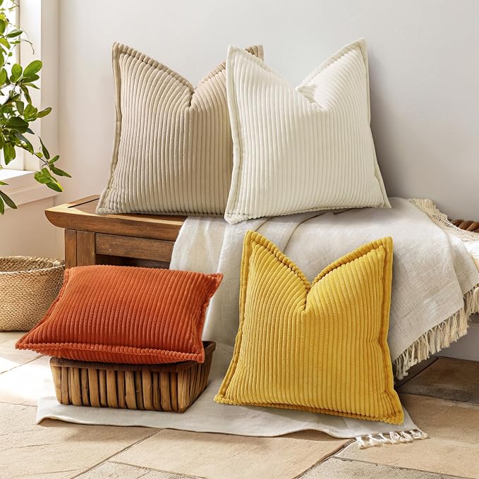 decorUhome Fall Corduroy Cream White Throw Pillow Covers 22x22 Set of 2 | Euro Sham Couch Decorative Soft Modern Boho Farmhouse Pillow Covers Broadside Striped Pillow Cases for Living Room Bed Sofa