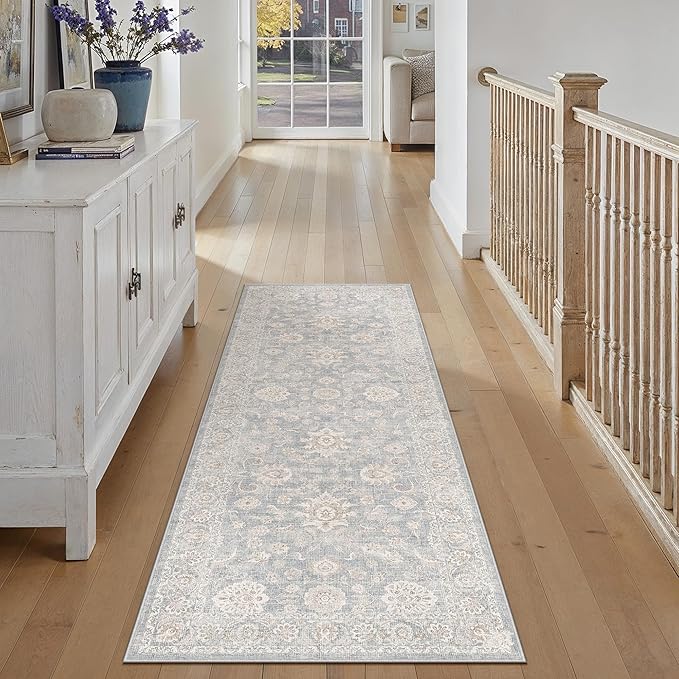 2'6x8 Blue Cream Washable Runner Rug for Kitchen Hallway Neutral Floral Soft Non Slip Rug Low Pile Distressed Carpet for Bathroom Bedroom Indoor Nursery