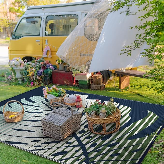 GENIMO Outdoor Rug, Waterproof Plastic Rugs for Patio, 6'x9' Sea Green | Outside Larger Leaf Carpet Mat for Porch Decor, Deck, Balcony, Camping, RV, Backyard, Picnic, Beach, Reversible, Foldable