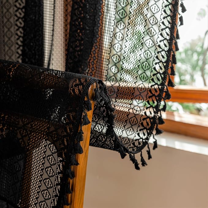 Sutuo Home Lace Boho Curtains 2 Panels for Kitchen Nursery, Semi Sheer Curtains Crochet Vintage Chic Tassels Bohemian Rustic Long Strips Privacy Window Treatments Geometry Rod Pocket, 50" x 63" Black