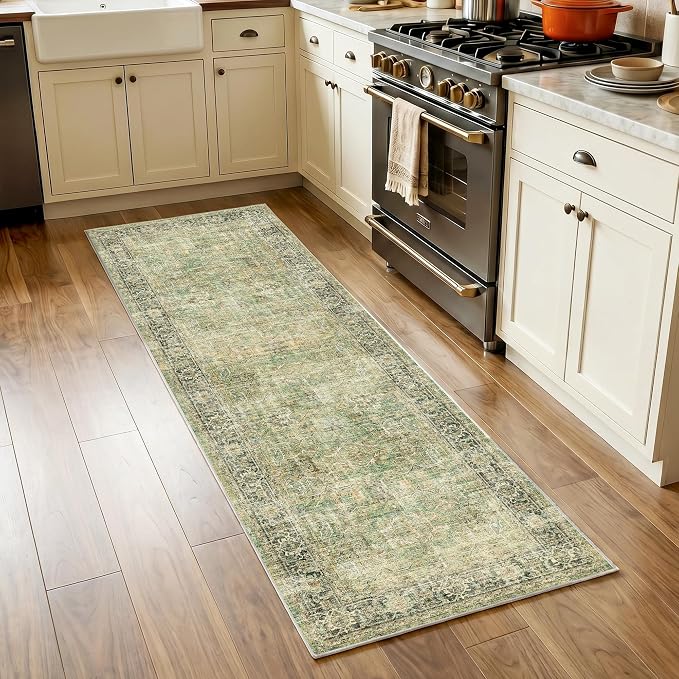 Beauoop 2x6 Hallway Runner Rug Washable Green Vintage Retro Distressed | Non Slip Low Pile Oriental Soft Thin Indoor Carpet Rug Entryway Entrance Kitchen Laundry Bedroom Bathroom Bedside