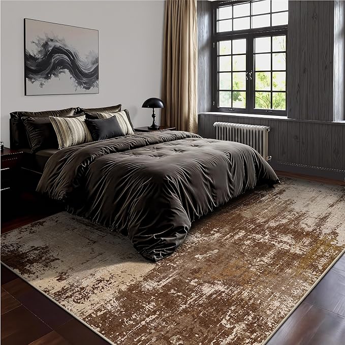 5x7 Area Rugs - Modern Abstract Washable Rug, Ultra Soft Non Slip Low Pile Large Rugs for Living Room, Floor Carpet for Bedroom Dining Room Office Laundry Nursery Home(A-Brown)