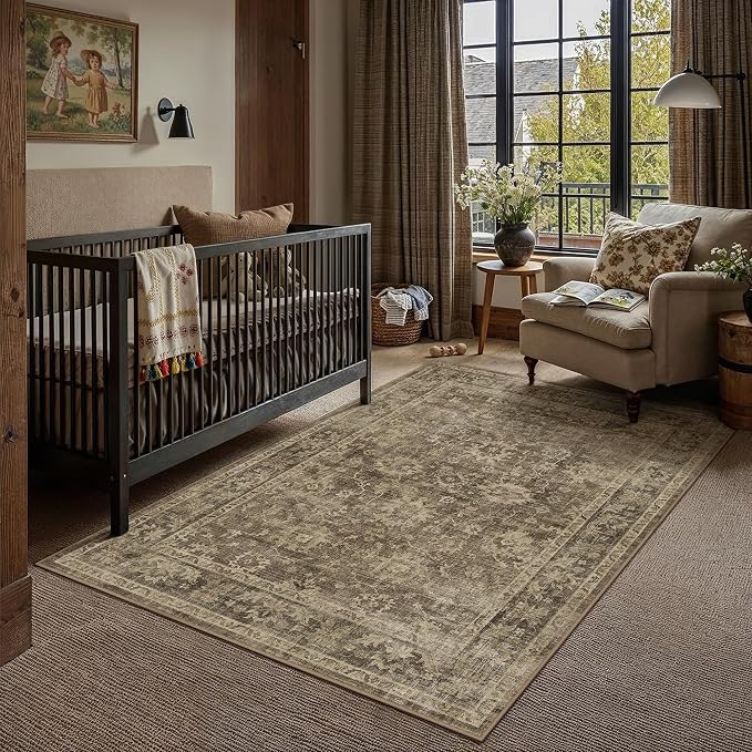 HUGEAR 5x7 Area Rug Brown Machine Washable Rug Room Decor Vintage Distressed Living Room Rugs Non Slip Low Pile Soft Carpet for Bedroom Office Dining Room Soft Lightweight