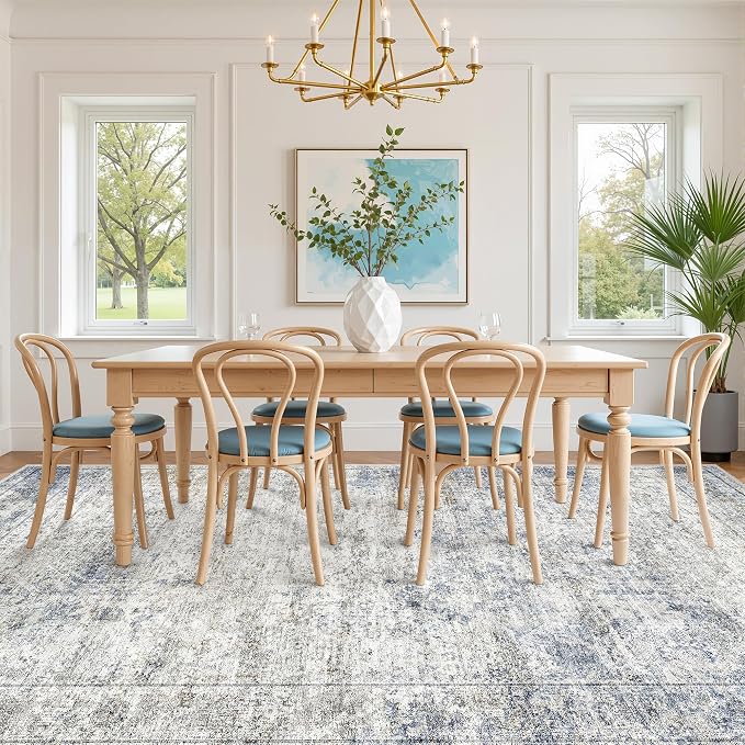 8x10 Area Rugs for Living Room,Large Washable Rug,Blue | Rugs for Bedroom,Dining Room,Office,Low Pile,Soft, Neutral Rug,Stain Resistant Indoor Carpet,Non Slip,Home Decor