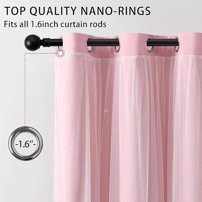 XiDi Star Blackout Curtains for Bedroom 72 Inch Length 2 Panels Pink Curtains with Sheer Overlay for Girls Kids Privacy Thermal Insulated Rod Pocket Window Curtains for Patio French Door W52 x L72