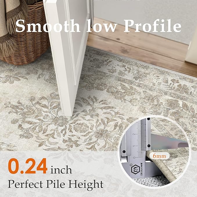 PureCozy 2x8 Runner Rug Beige Washable Hallway Kitchen Bedroom Vintage Distressed Bathroom Non Slip Medallion Floral Carpet Indoor Retro Throw Floor Mat for Office Dining Laundry Living Room