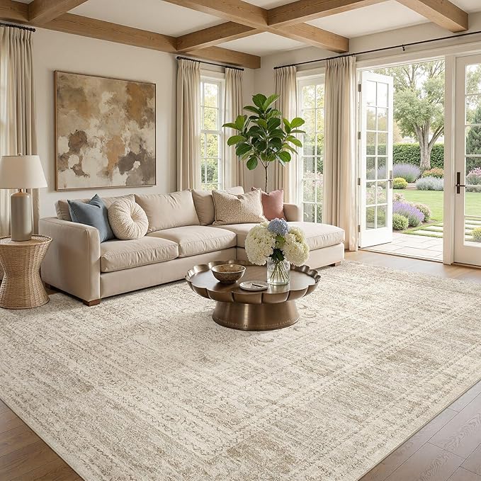 Nakagishi 9x12 Area Rugs Living Room: Washable Large Vintage Rug Neutral Non-Slip Soft Stain Resistant Indoor Carpet for Bedroom Nursery Dining Room Office Playroom - Beige Gray