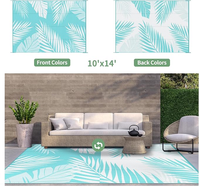 GENIMO Outdoor Rug, Waterproof Plastic Rugs 10'x14' for Camping Navy White | Outside Larger Leaf Carpet Mat for Porch Decor, Deck, Camping, RV, Backyard, Balcony, Picnic, Beach, Reversible, Foldable