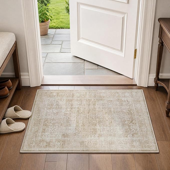 Beauoop 2x3 Washable Beige Neutral Vintage Distressed Retro EntryWay Rug | Cream Non Slip Low Pile Oriental Soft Small Carpet Throw Rugs Door Mat Retro Entry Entrance Kitchen Bedroom Bathroom Laundry
