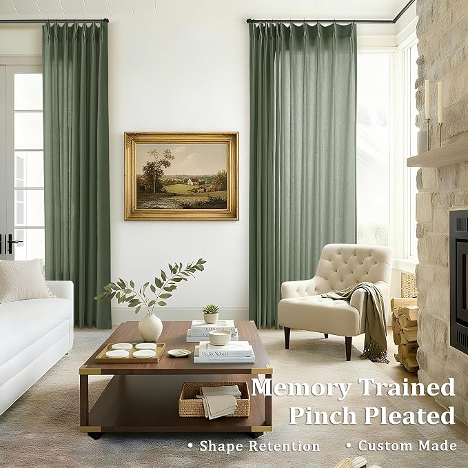 105 Inch Olive Green Pleated Ceiling Track Curtains Linen Semi Sheer | Light Filtering, Boho Farmhouse, Custom Drapes, for Living Room, Floor Length, Pinch Pleat Curtain, with Hooks Rings 1 Panel