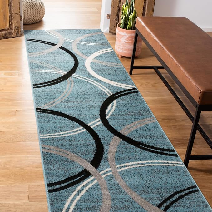 Rugshop Wavy Circles Modern Jute Backing Runner Rug Blue 2'7" x 6'