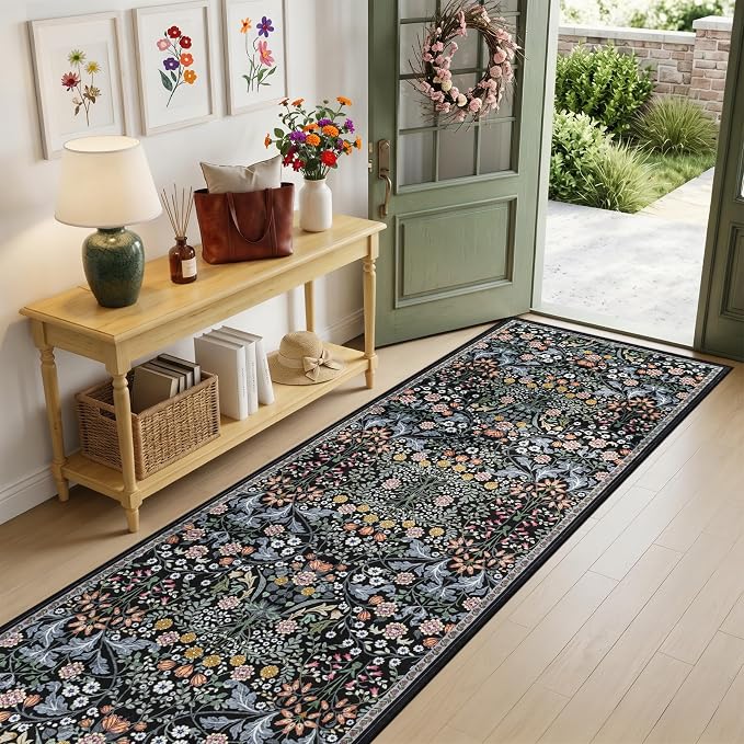 Runner Rug for Entryway: 3x10 Kitchen Rugs Non Slip Washable Ultra-Thin Soft Floral Carpet Indoor Floor Stain Resistant Carpets for Hallway Bedroom Kitchen Laundry Bathroom Dorm Dark Black