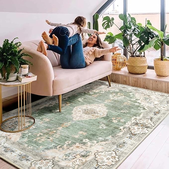 MUJOO Green Rug 4'x6.5' Area Rugs Boho Washable Non Slip Low-Pile Floral | Machine Washable Throw Carpet for Bedroom Living Room Office Entryway Small Soft Floor Indoor Flowers Sage Green