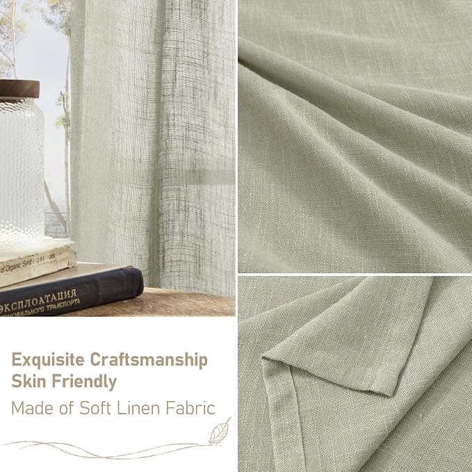 LAMIT Linen Semi Sheer Curtains 96 inches Long 2 Panels Set, Light Filtering Panels Back Tab and Rod Pocket Floor to Ceiling Curtains for Bedroom/Living Room, Sage Grey, 52 x 96 Inch