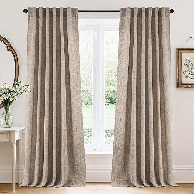 RYB HOME Linen Sheer Curtains and Drapes for Living Room and Bedroom 84 inches Length, Breathable Back Tab/Rod Pocket Semi Sheer Curtains, Oatmeal, W 52 x L 84 inches, 2 Panels Set