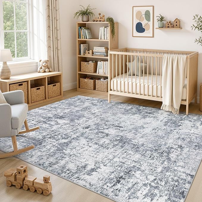 cotiled Washable Area Rug 5x7, Non-Slip Soft Neutral Rug for Living Room | Modern Abstract Carpet, Stain Resistant and Kid & Pet Friendly, Ideal For Bedroom, Dining Room, Nursery, Office - Blue/Gery