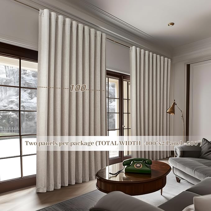 Extra Wide 100 Inch Blackout Curtains 96 Inches Long for Living Room, Rustic Boho Room Darkening Textured Linen Pleated Dining Room Office Insulated Ceiling Track Window Drapes 100"W x 96"L 2 Panels